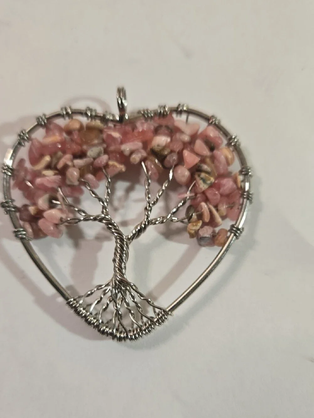 Handmade Heart Tree of Life Pendant in Pink Chip Beads